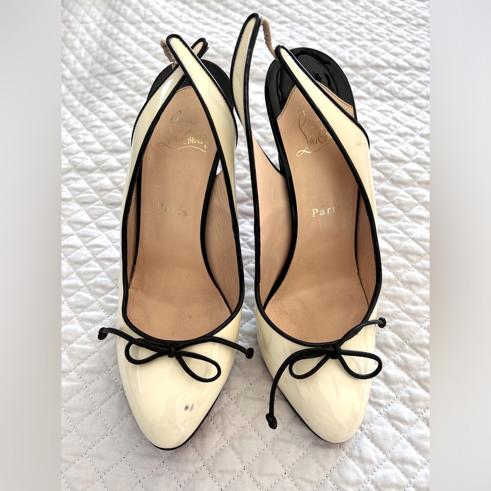 Christian Louboutin Open Back Bone White patent Leather Heels
